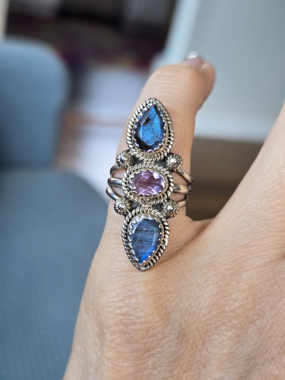 Sterling Silver Triple Stone Ring with Blue and Purple Gemstones